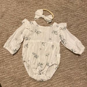 White Floral Baby One-Piece with Headband